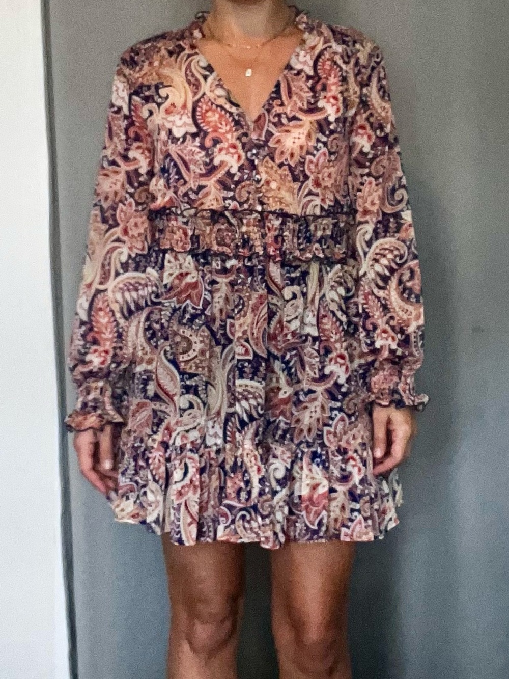 Zara Paisley Tiered Long-Sleeve Mini Dress in Navy, Coral, Cream